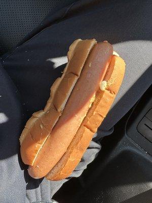 Natural casing hot dog with brown mustard and onions.  Nice snap.