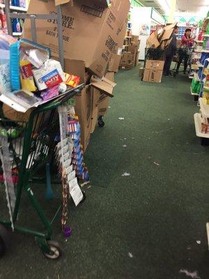 Floors are disgusting, apparently they've never heard of a vacuum. Empty boxes filled the isle.