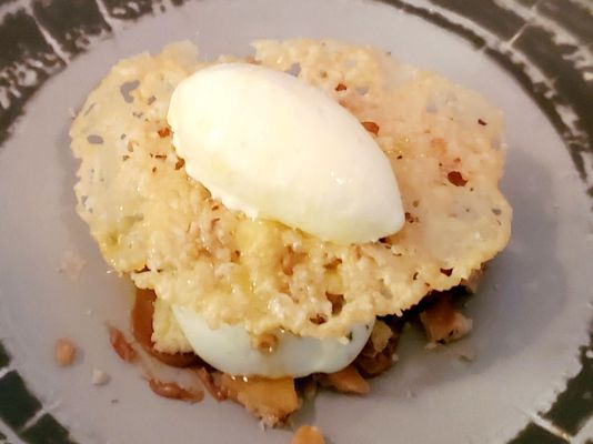 Basil mousse and Parmesan ice cream over pine nut brittle