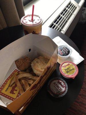 Chicken supremes, seasoned fries and Patio cherry soda