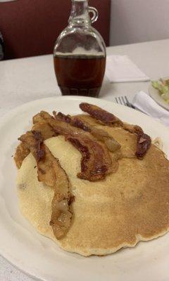 Chocolate chip and peanut butter pancakes with some bacon