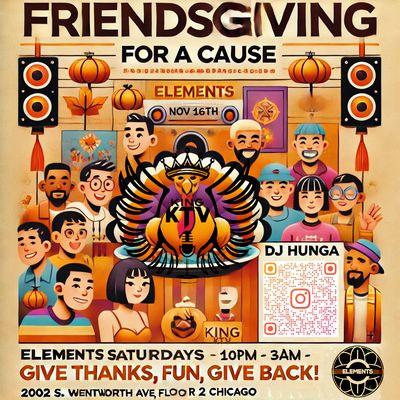 Join us for Friendsgiving on Nov 16 at 10 PM! Dance, donate, and celebrate at Elements Saturdays. Free entry w/ RSVP: https://bit.ly/3ADfWn8