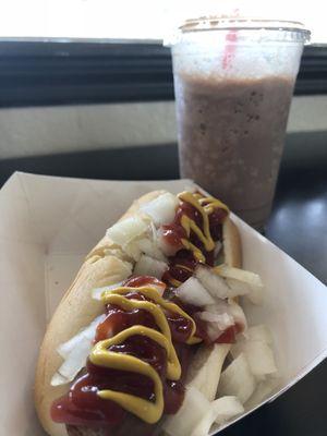 Hot dog and a chocolate milkshake