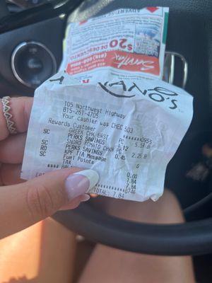 My receipt from the chicken! Lmao!!!