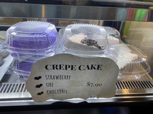 Crepe cake: strawberry, ube and chocolate.