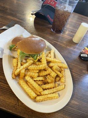 Spicy Chicken sandwich with fries.