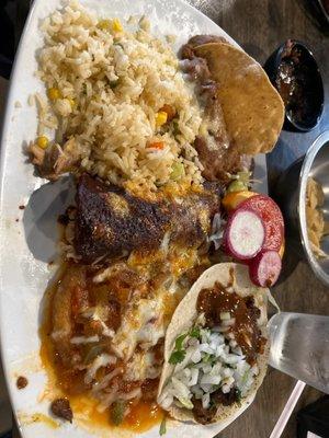 Enchilada de mole, pastor taco, Chile relleno