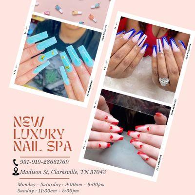 __Luxury Nail Spa__
Business hours:
Monday - Saturday: 9:00AM - 8:00PM
Sunday: 11:30AM - 5:30PM