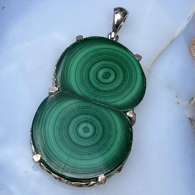 Double Malachite Stalactite Slice Pendant set in STerling Silver