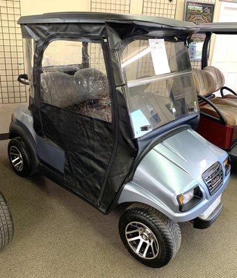 Customized Club Car Precedent "Phantom" 48V electric with custom dashboard, wheels, and premium light kit and enclosure.