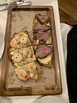 Shrimp bruschetta and steak bruschetta