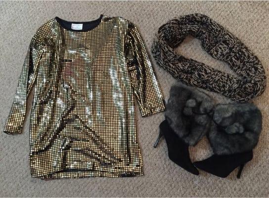 SUNDAY HAUL $66 total! (neiman marcus sequined dress, colin stuart booties and eternity chunky scarf)