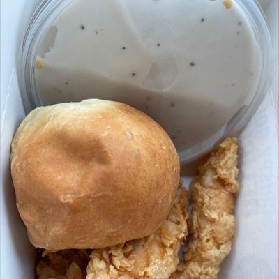 Three piece, chicken tenders, gravy, and a roll