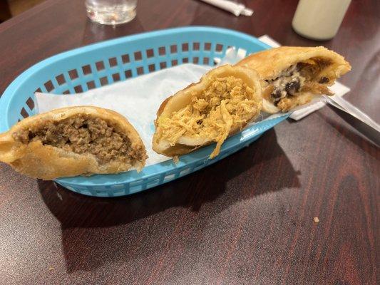 Beef, chicken, and Pabellon Empanada