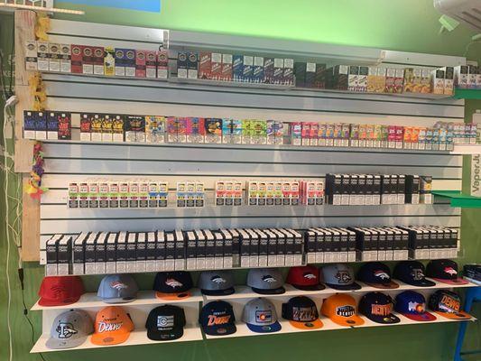 Juice options and hats for sale