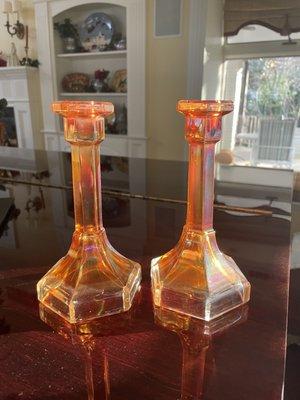 Vintage candle stick holders--1920s carnival glass