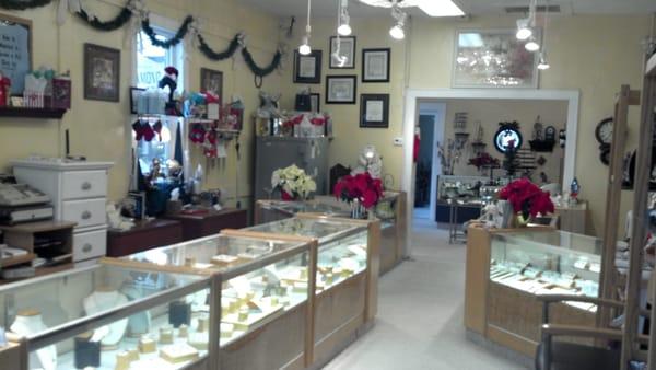 The inside of the store at Christmas time.