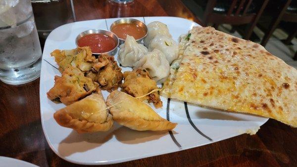 Appetizer sampler and goat cheese Naan