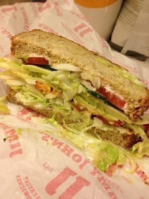 Aw man, Jimmy John's veggie sandwich in their awesome 7 grain bread - heaven, but they got rid of the alfalfa sprouts - how sad.