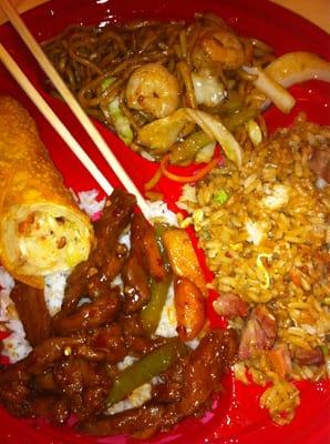 Shrimp Lo Mein, Pork Fried Rice, Beef in Garlic Sauce & Shrimp Egg Roll