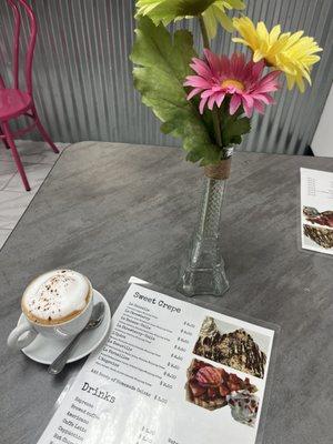 Sweet crepe menu and my amazing cappuccino