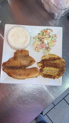 Pescado a la Plancha, Tostones, Ensalada de Papa y Arroz