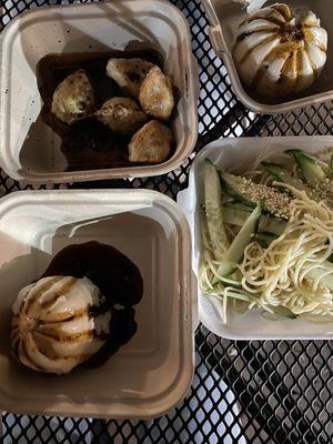 Veggie Hot Bun, Pork Hot Bun, dumplings, sesame noodles