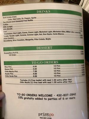 New menu, updated prices