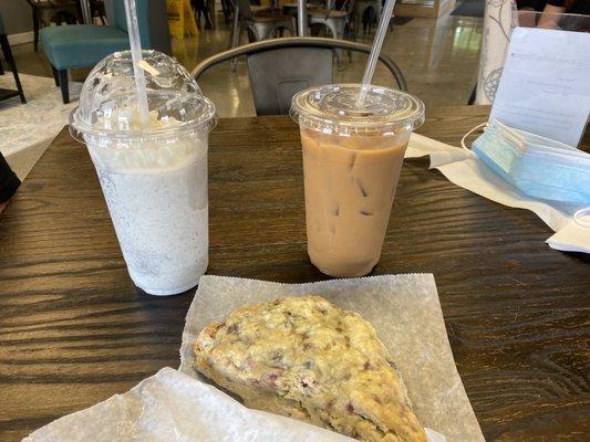 Vanilla Bean Frappe, Iced Vanilla Latte and a delicious raspberry scone.  Yummy!