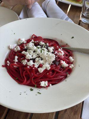 Beet and fennel pasta with Feta crumbles.