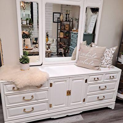 Gorgeous dresser with trifold mirror. Solid wood, freshly painted and sealed for everyday use.