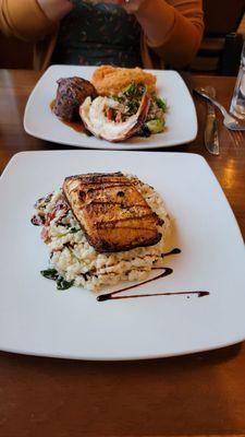 Pan seared salmon with risotto, and the surf and turf special.