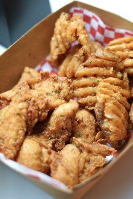 Chicken strips and waffle fries