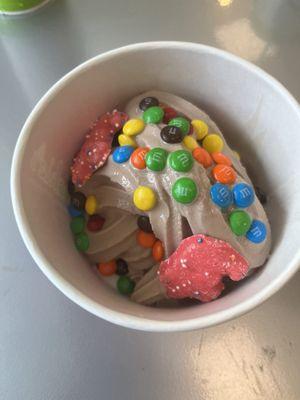 Cookies and cream with m and m and frosted pink animal crackers!