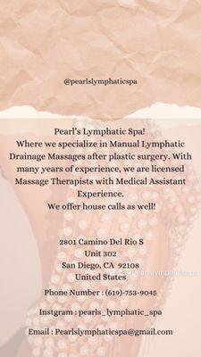 We Specialize in Manual Lymphatic Drainage for post op care after plastic surgery.