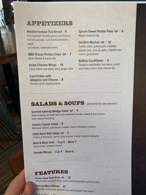 Appetizers and salad menu