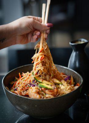 Noodle Bowl with shrimp. We offer Ramen, Yakisoba or Udon noodles