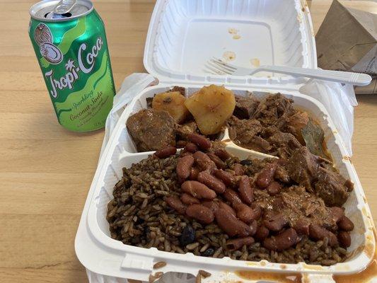 Beef stew with Cuban rice and beans and Tropi-Coco soda (coconut flavored soda).