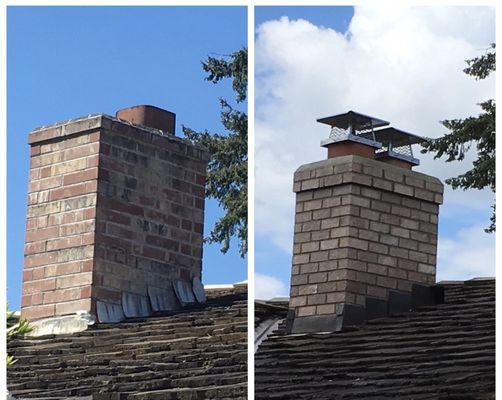 Before and after of chimney rebuild by Emeral City Chimney.