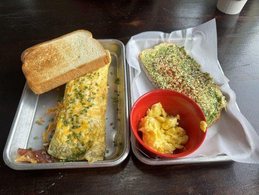 Left: southwest omelette  Right: avocado toast with scrambled egg on the side