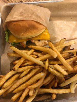 Grilled chicken sandwich and fries