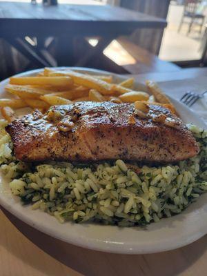 Salmon platter with spinach rice and fries was delicious