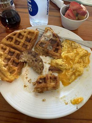 Belgian waffle, turkey sausage, scrambled eggs with cheddar cheese.