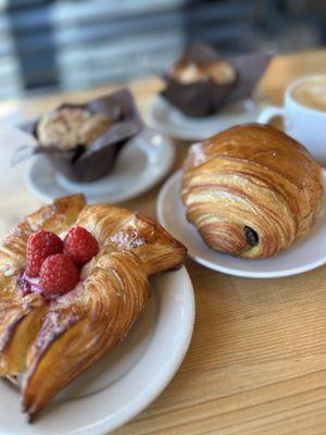 Gluten-free blueberry muffin, raspberry cheese danish, and chocolate croissant