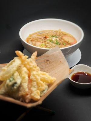 Tempura Udon - udon noodle soup, served with shrimp and vegetable tempura on the side.