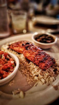 Honey Chipotle Salmon -  Mesquite grilled fresh salmon fillet, honey chipotle glaze with Mexican rice, black beans and pico de gallo