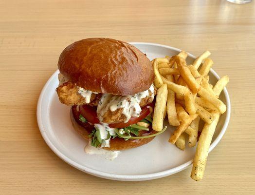 The Good Feather garlic parmesan chicken sandwich with ranch fries.