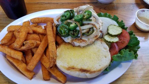 Jalapeno chicken sandwich with sweet potato fries