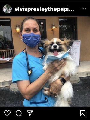 Dr Jen and Elvis all masked up for safety!