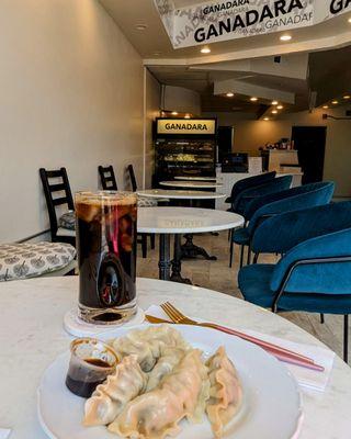 Iced coffee + potstickers